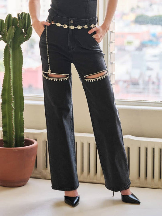 Cut Out Front Rhinestone Washed Denim Jeans: Black / S