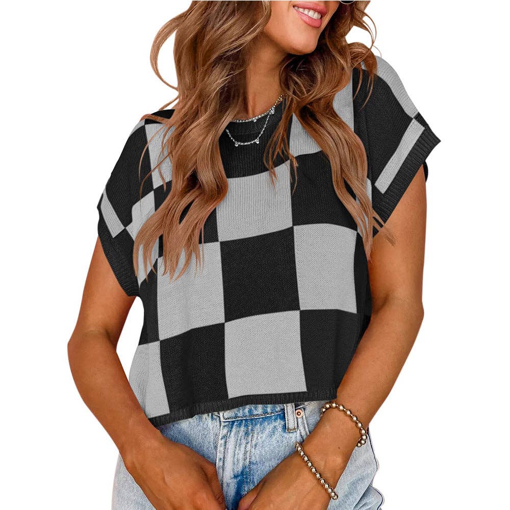 Women’s Colorblock Checkerboard Knit Crop Sweater Tee