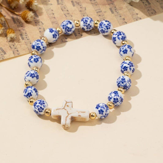 Blue Ceramic Porcelain Cross Bracelet