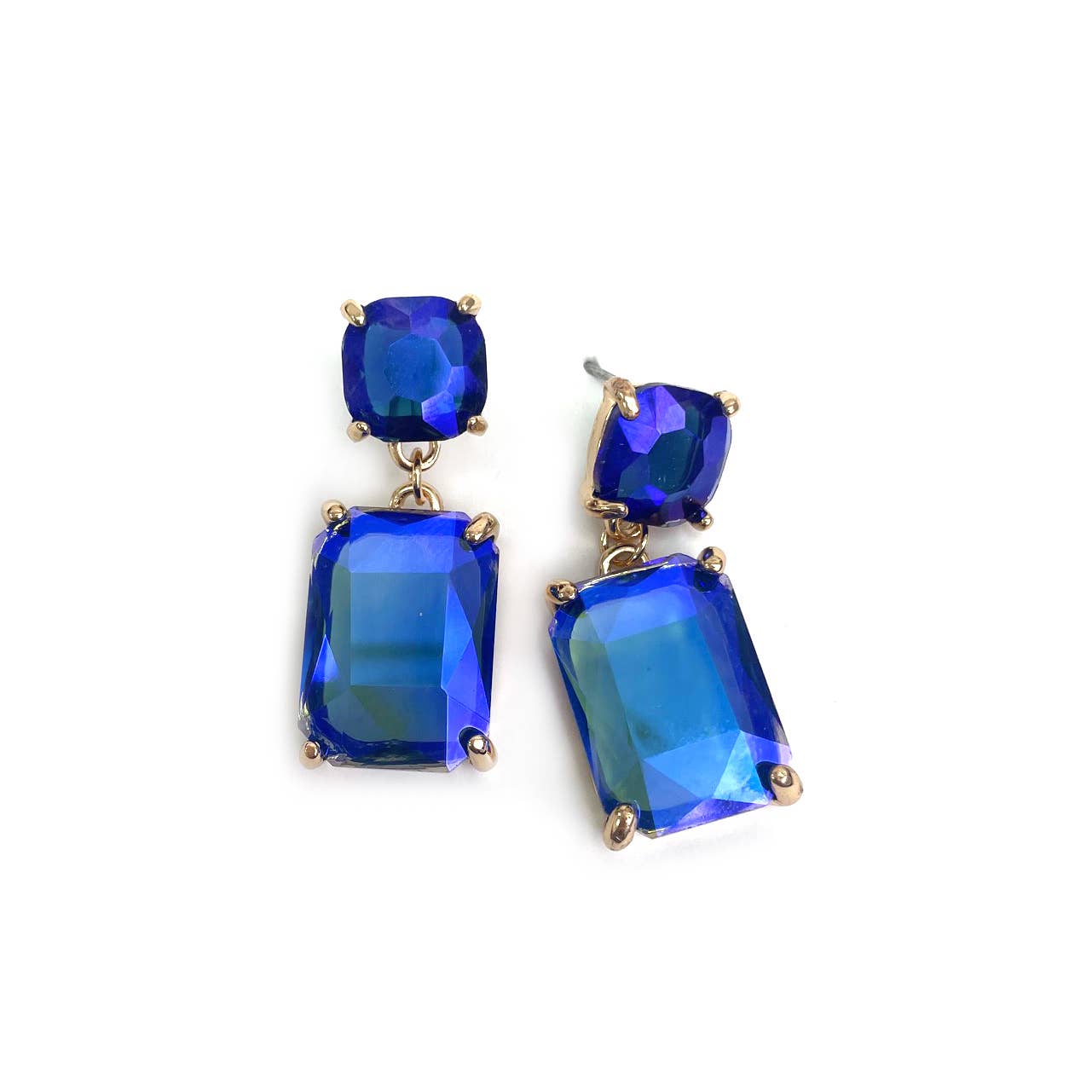 Double Square Linked Crystal Glass Dangle Earrings