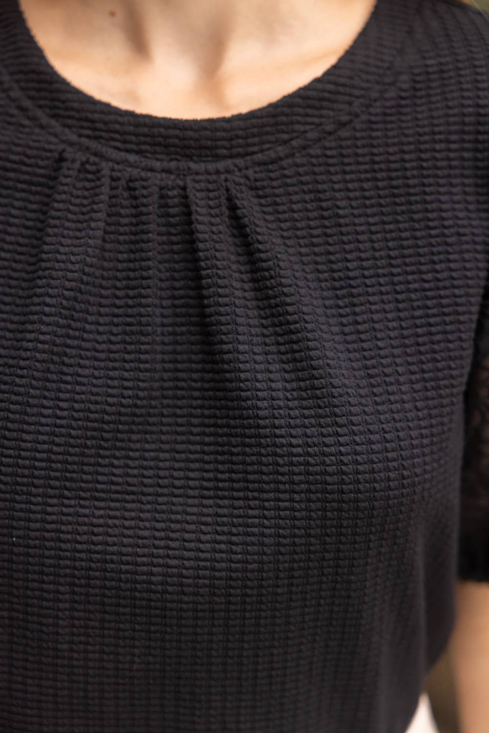 Floral Organza Puff Sleeve Waffle Knit