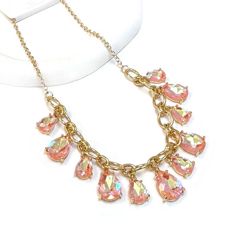 Sparkly Pink Teardrop Crystal Glass Charms Paparazzi Necklace