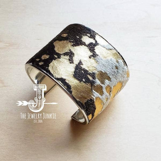 Hair-on-Hide Mixed Metallic Leather Bangle Bracelet 010z