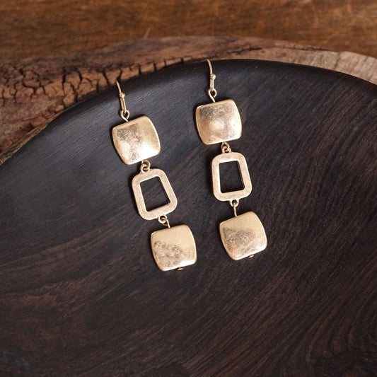 Boho Square Dangle worn gold Earrings