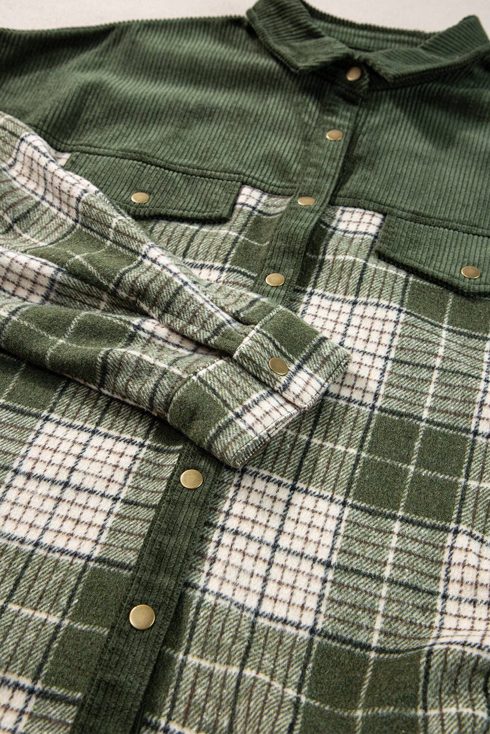 Blackish Green Snap Buttons Plaid Shacket