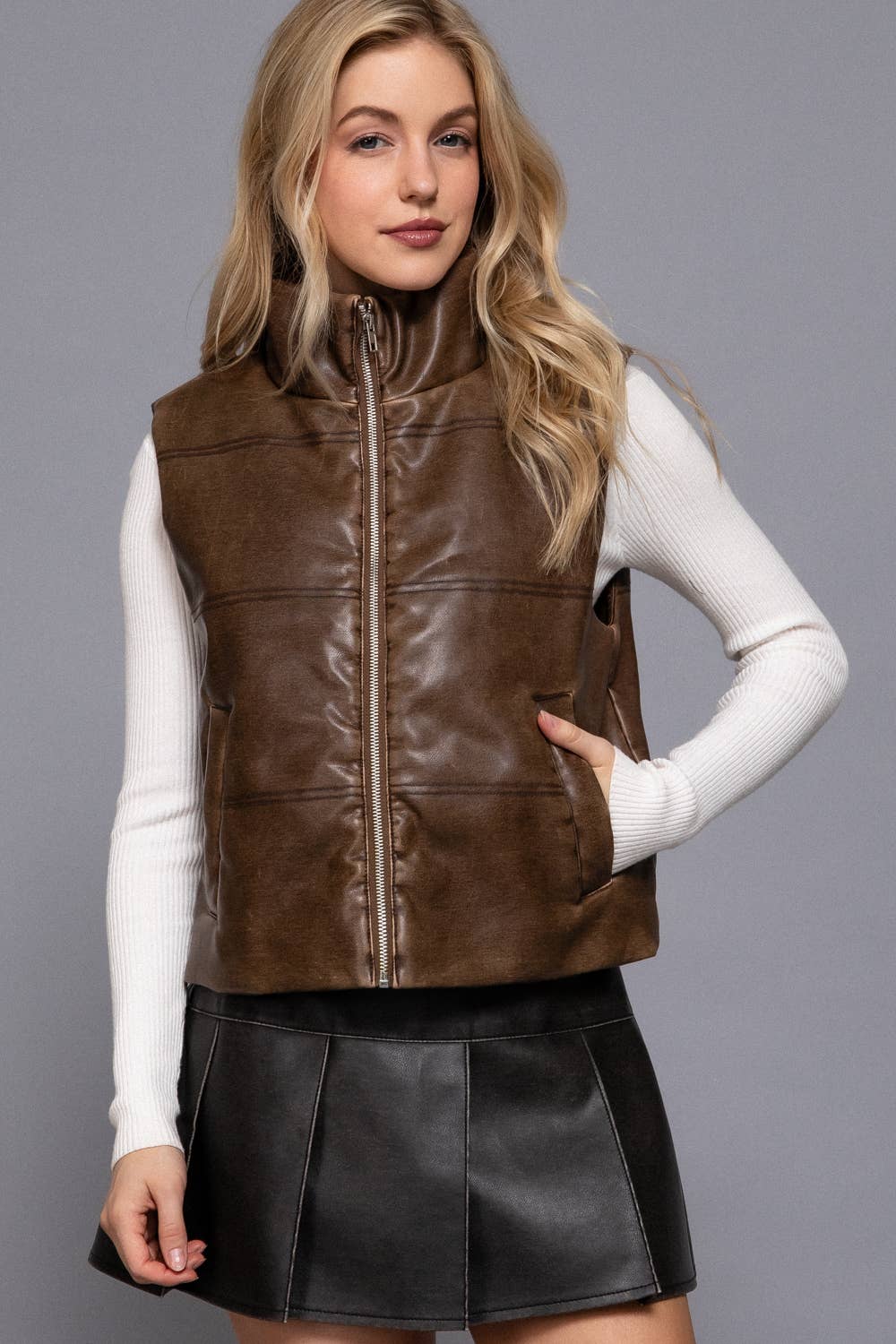 Coffee Faux Leather Vest