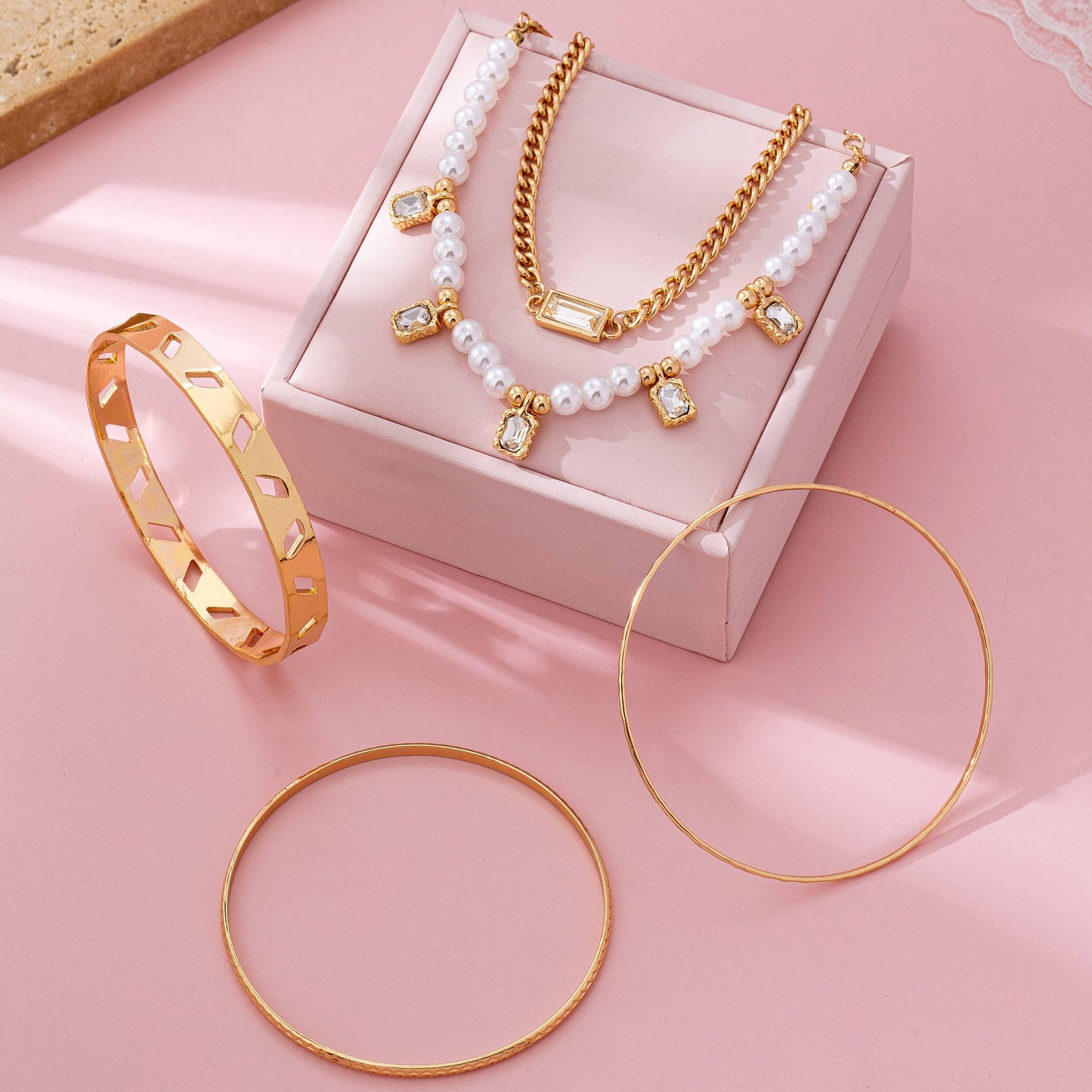 Gold & Pearl Layered Bracelet Set