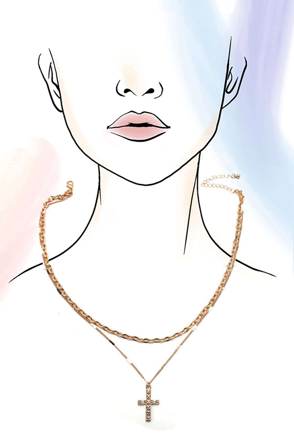 DOUBLE LAYER RHINESTONE CROSS NECKLACE |