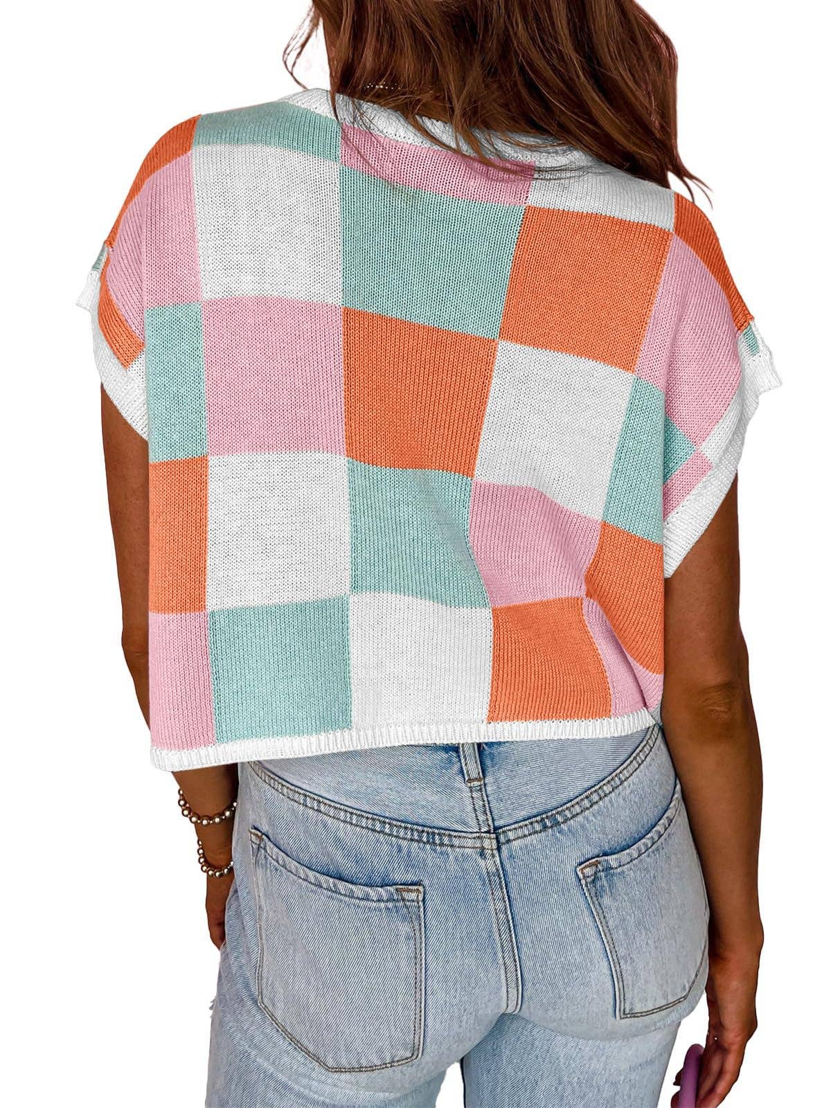 Women’s Colorblock Checkerboard Knit Crop Sweater Tee