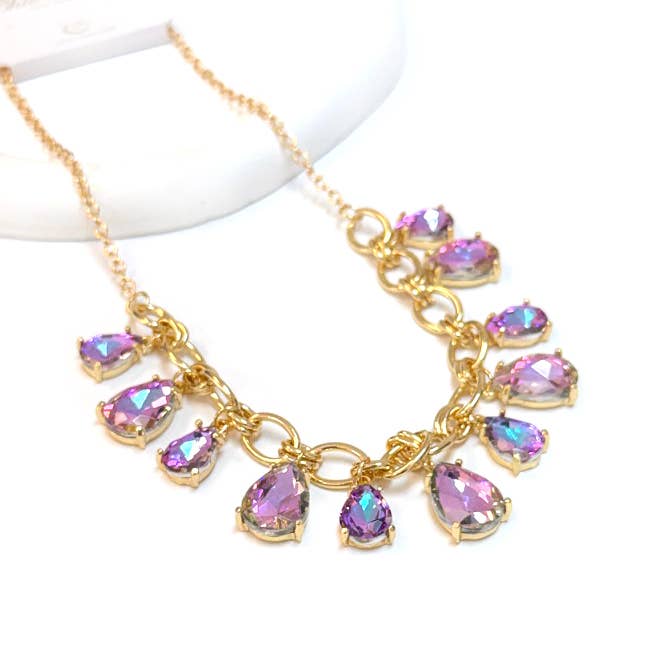 Sparkly Pink Teardrop Crystal Glass Charms Paparazzi Necklace