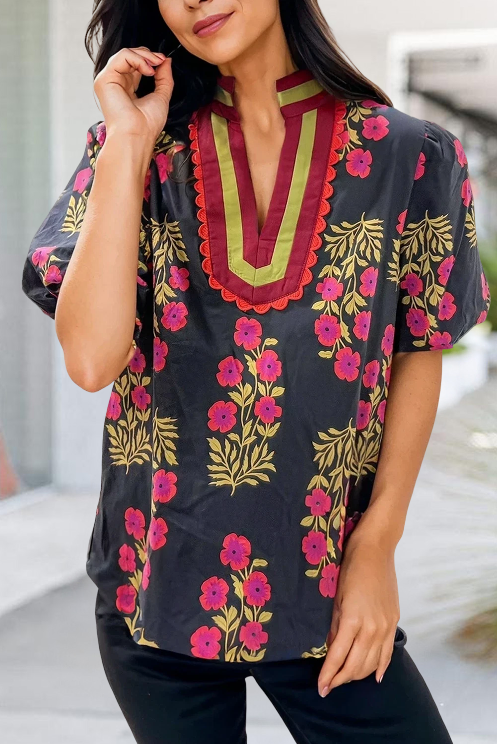 Floral Short Bubble Sleeve Blouse