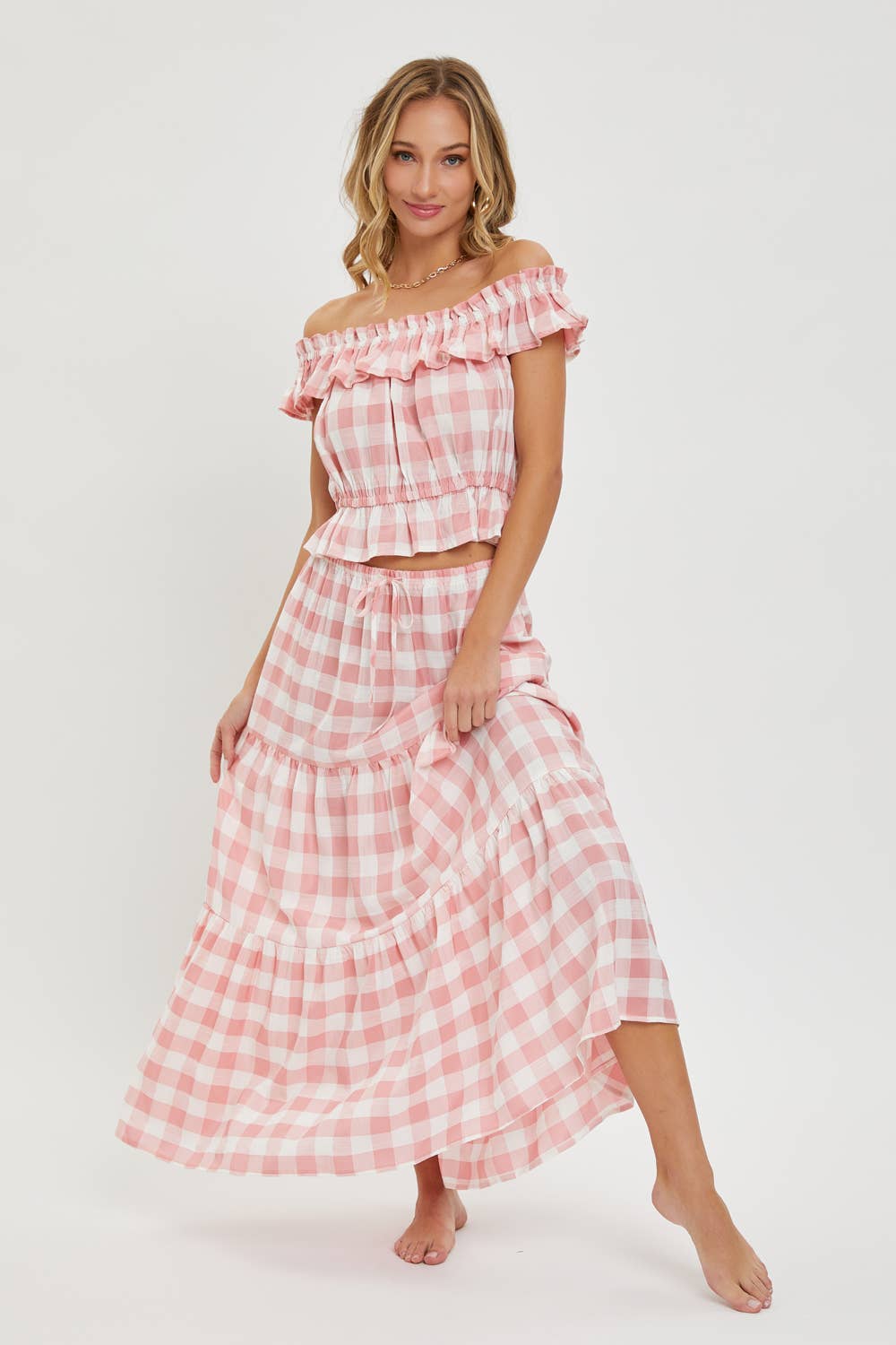 Gingham Tiered Maxi Skirt w Pockets