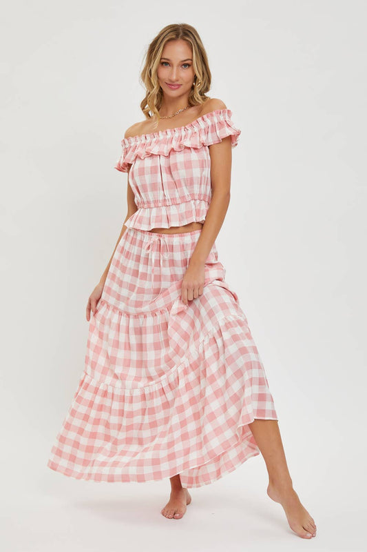Gingham Tiered Maxi Skirt w Pockets