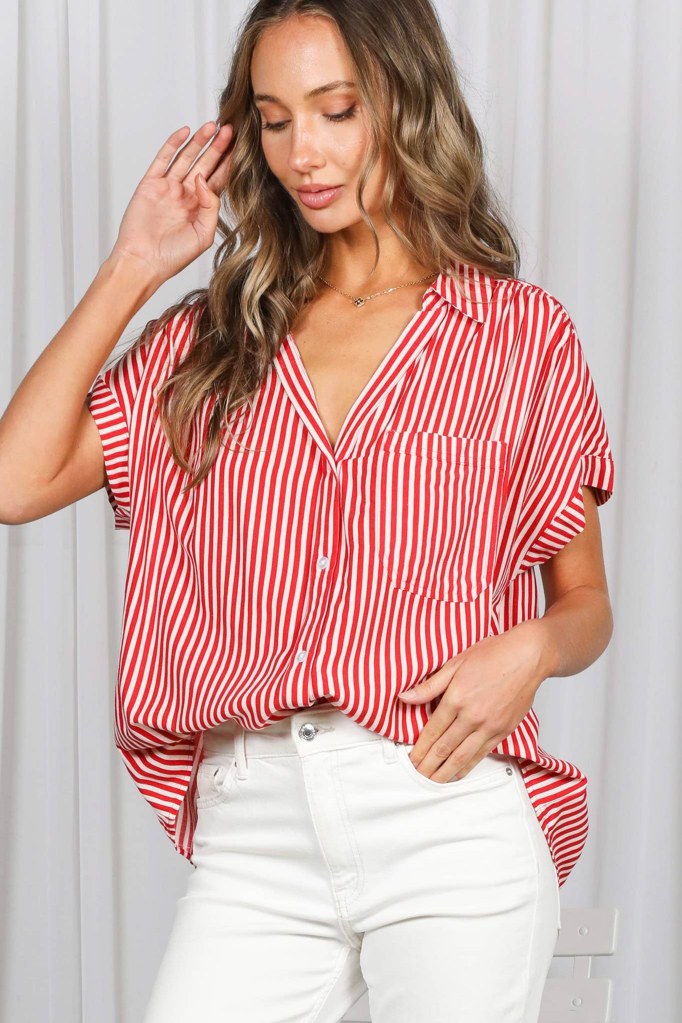 Collared Short Roll-Up Sleeve Button-Down Shirt