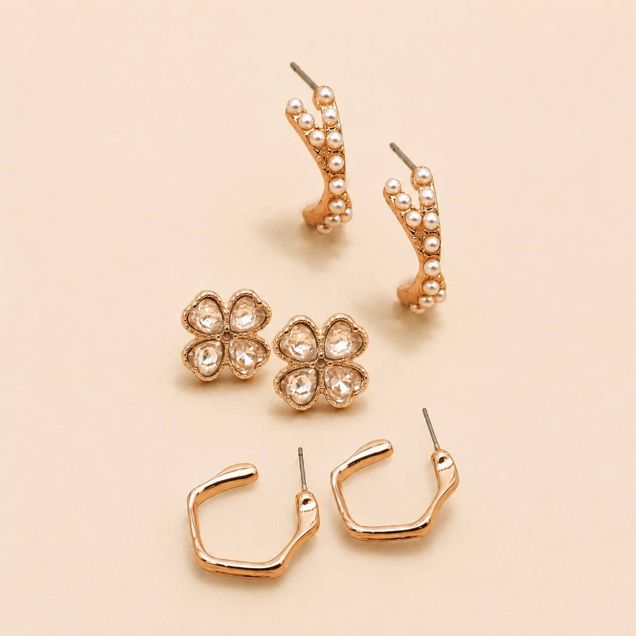 Floral Gem Pearl Hoop Trio Earrings