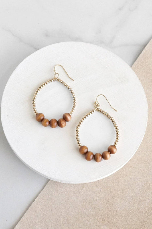 Natural Wood & Gold Beaded Teardrop Earrings