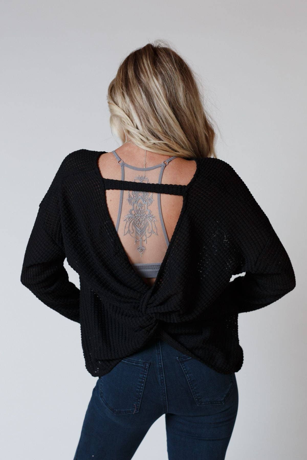Open Back Thermal Knit Top - Black