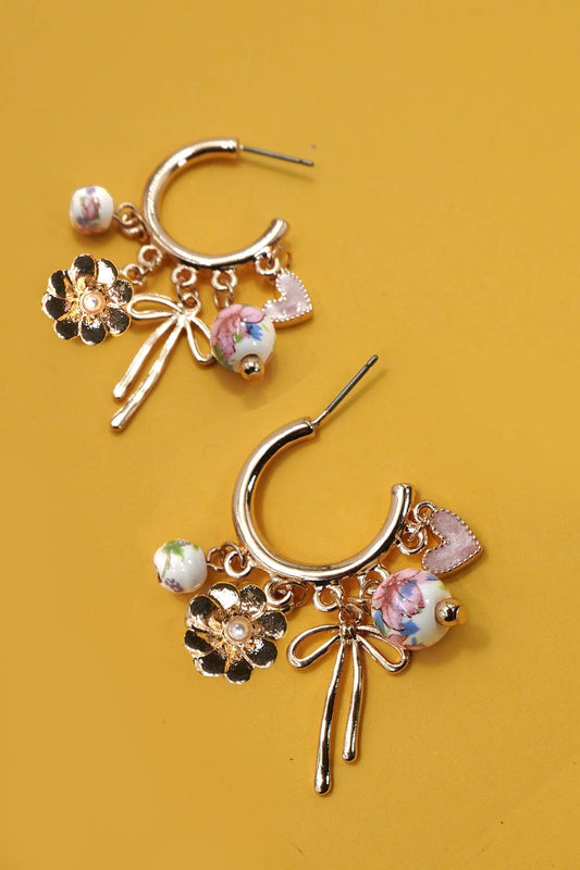 CERAMIC PORCELAIN BOW FLOWER CHARM DROP HOOP