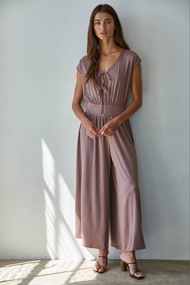 Mocha Knit V-Neck Tied Jumpsuit
