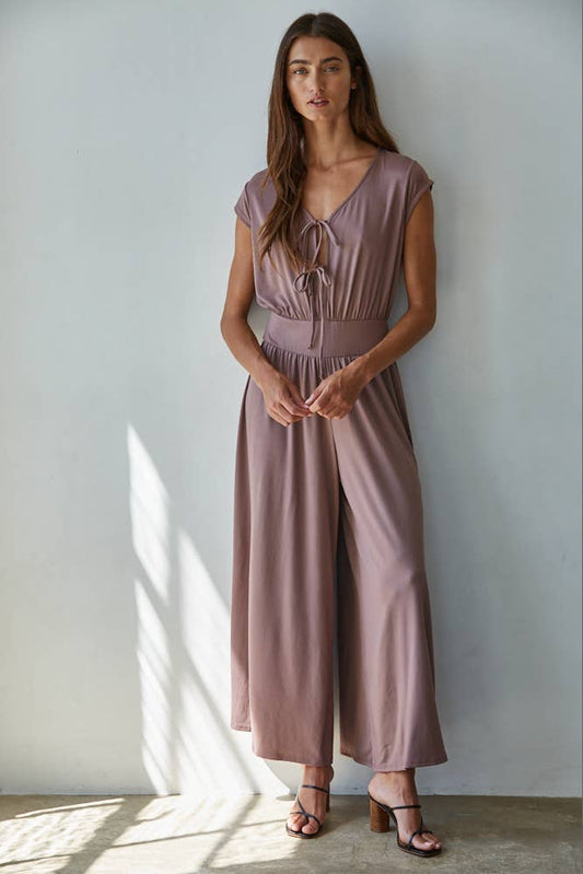 Mocha Knit V-Neck Tied Jumpsuit
