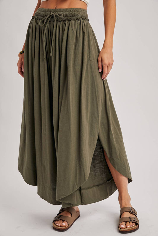 BOHEMIAN SIDE SLIT OLIVE WIDE LEG PANT