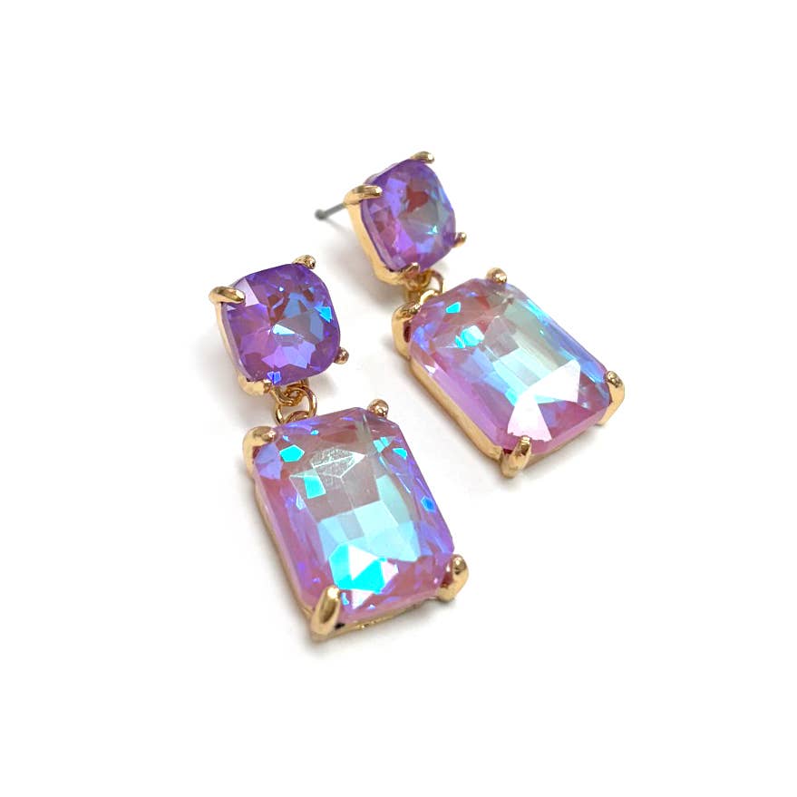 Double Square Linked Crystal Glass Dangle Earrings