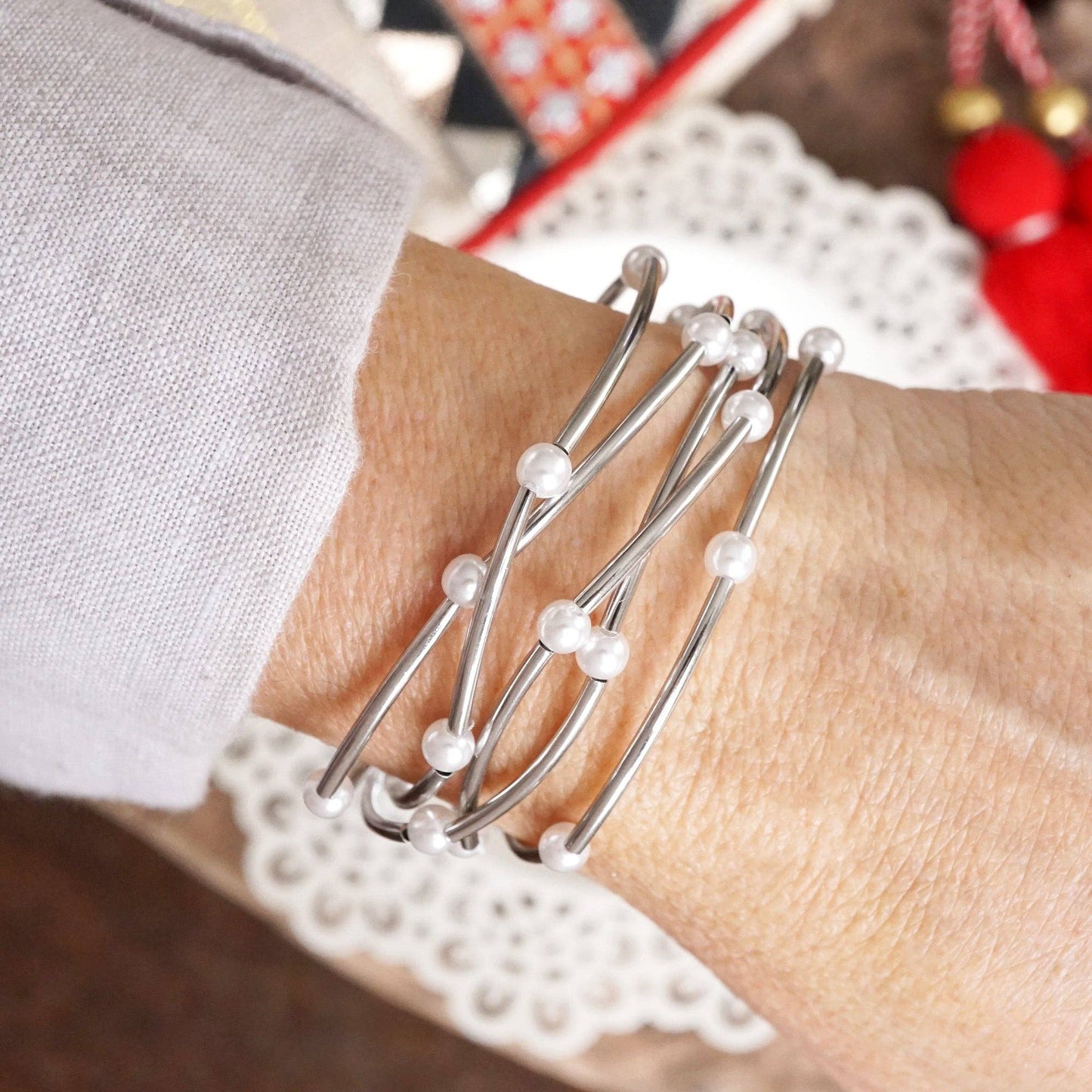 Pearls and Gold Silver Tubes classic bracelets