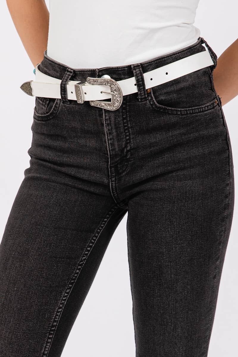 Western Floral Etched Vegan Leather Belt