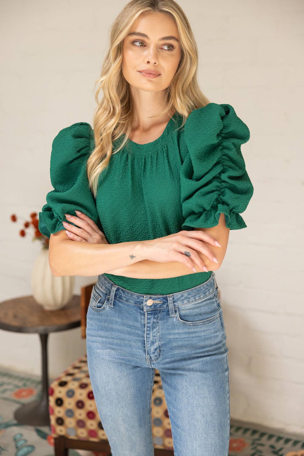 Red Puff Sleeve Knit Top