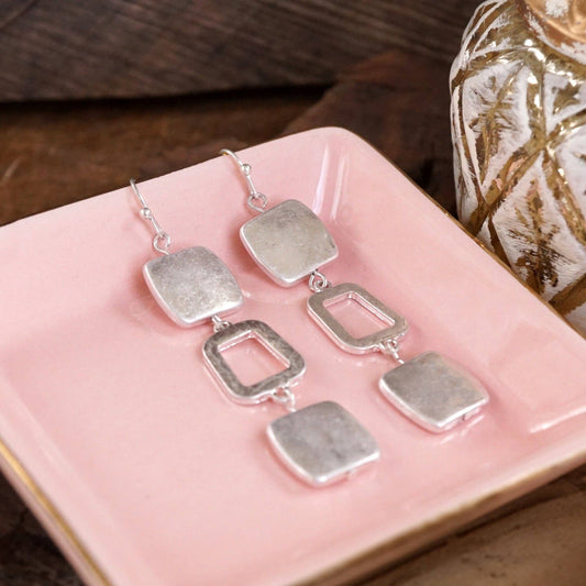 Boho Square Dangle worn silver earrings