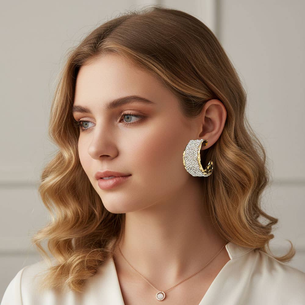 Bold Rhinestone hammered metal Hoops