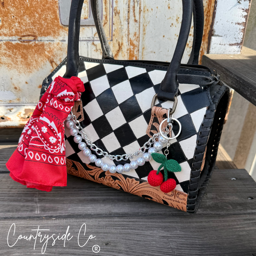 Cherry Leather Checkered Decorated Speedy Bag