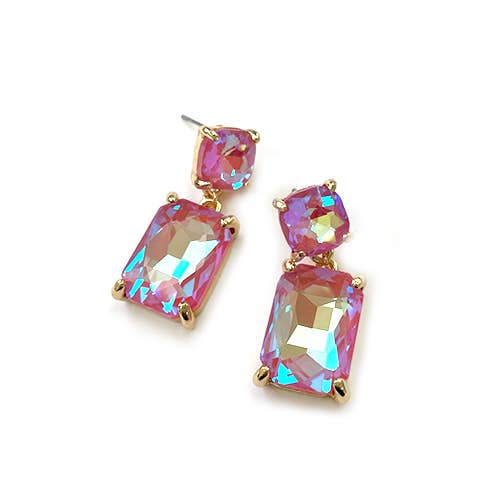 Double Square Linked Crystal Glass Dangle Earrings
