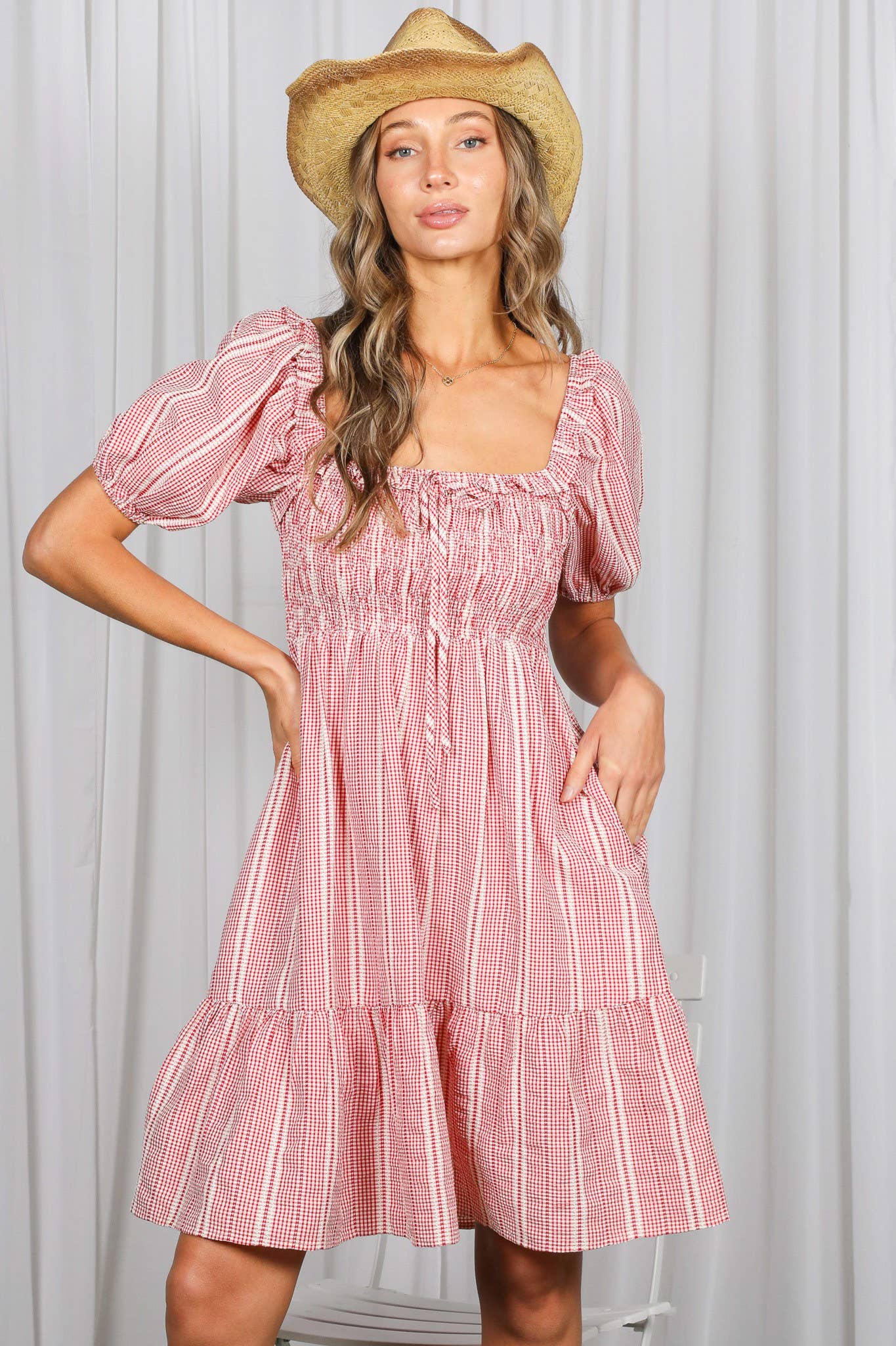 Gingham Short Puff Sleeve Ruffled Tiered Knee Dress