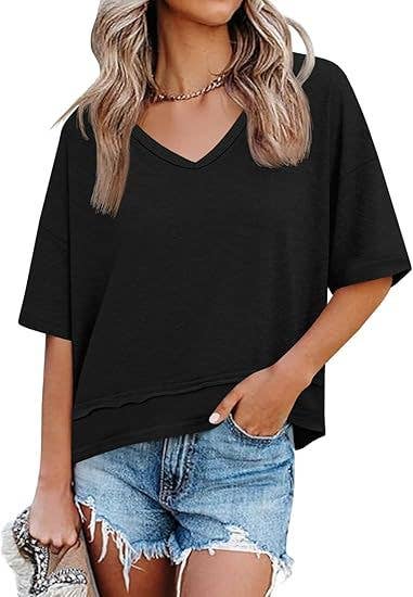V Neck Loose Fit Tee Casual Short Sleeve Summer Top