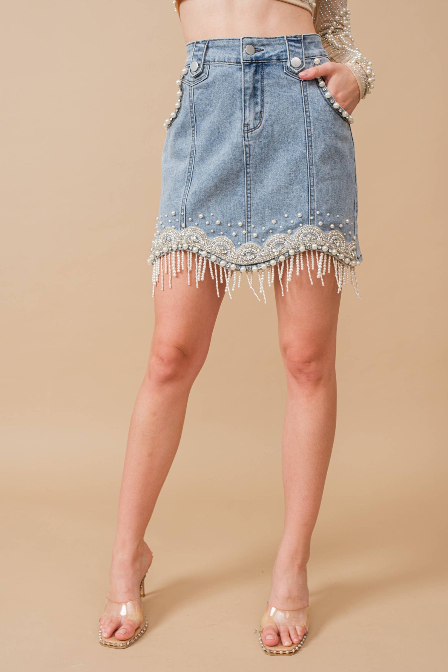 Denim Embellished Pearl Mini Skirt - Main Image