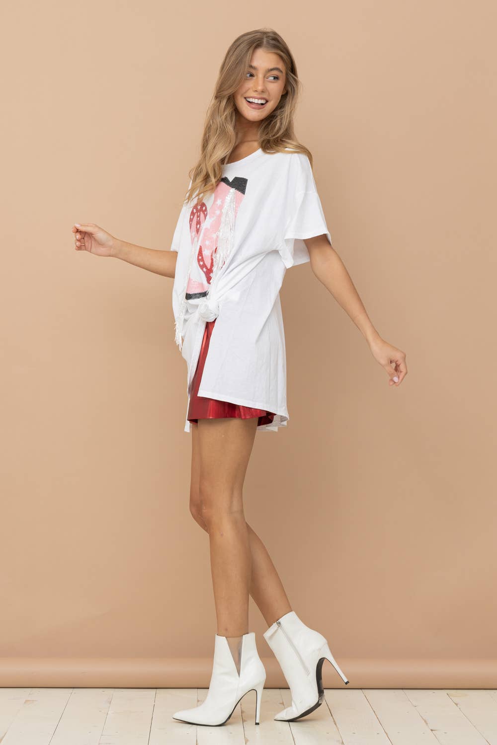 Cotton Sequin Western Boot Fringe Loose Side Tee