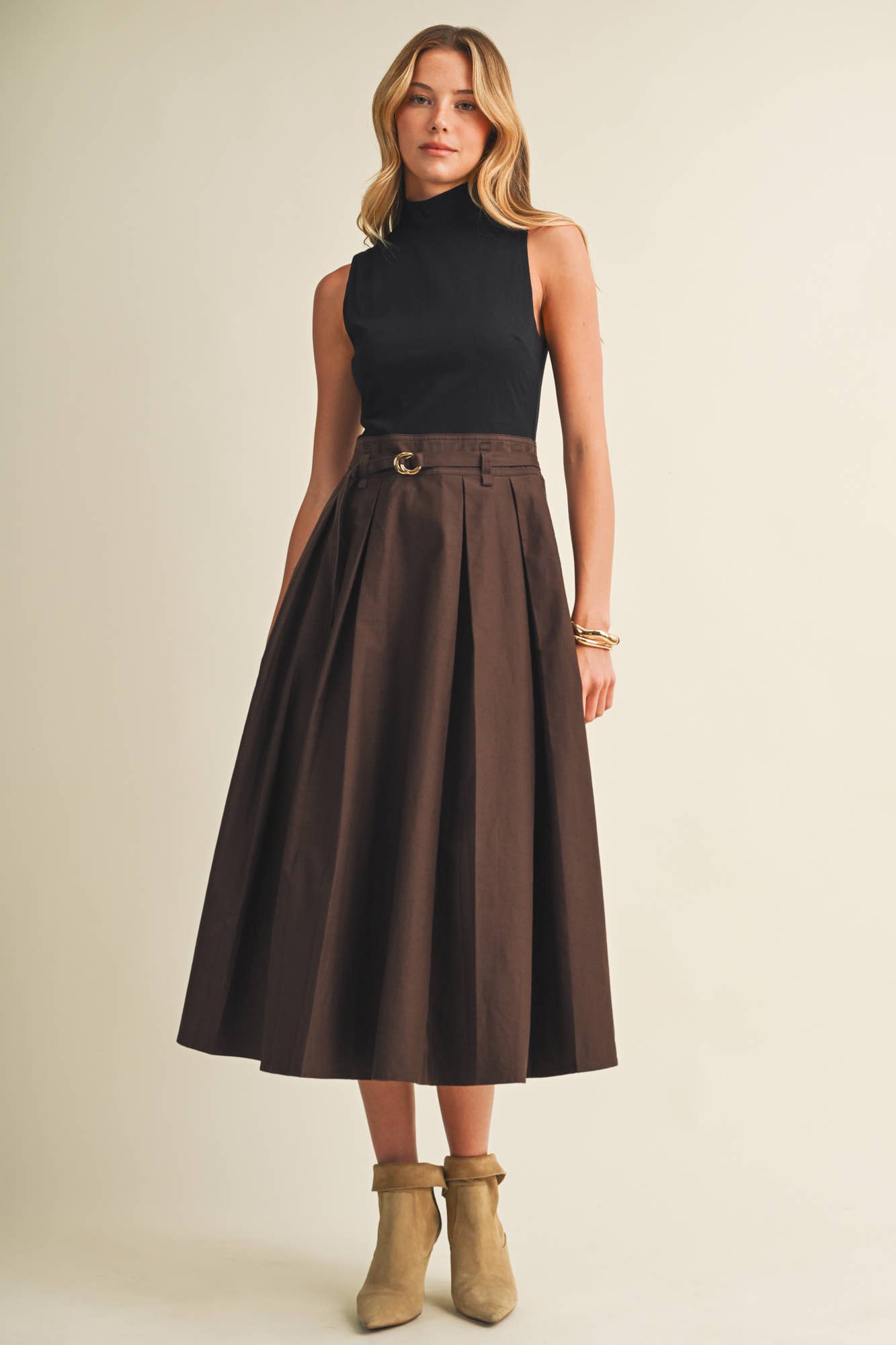 Choco Fondant Pleated Belted Dress