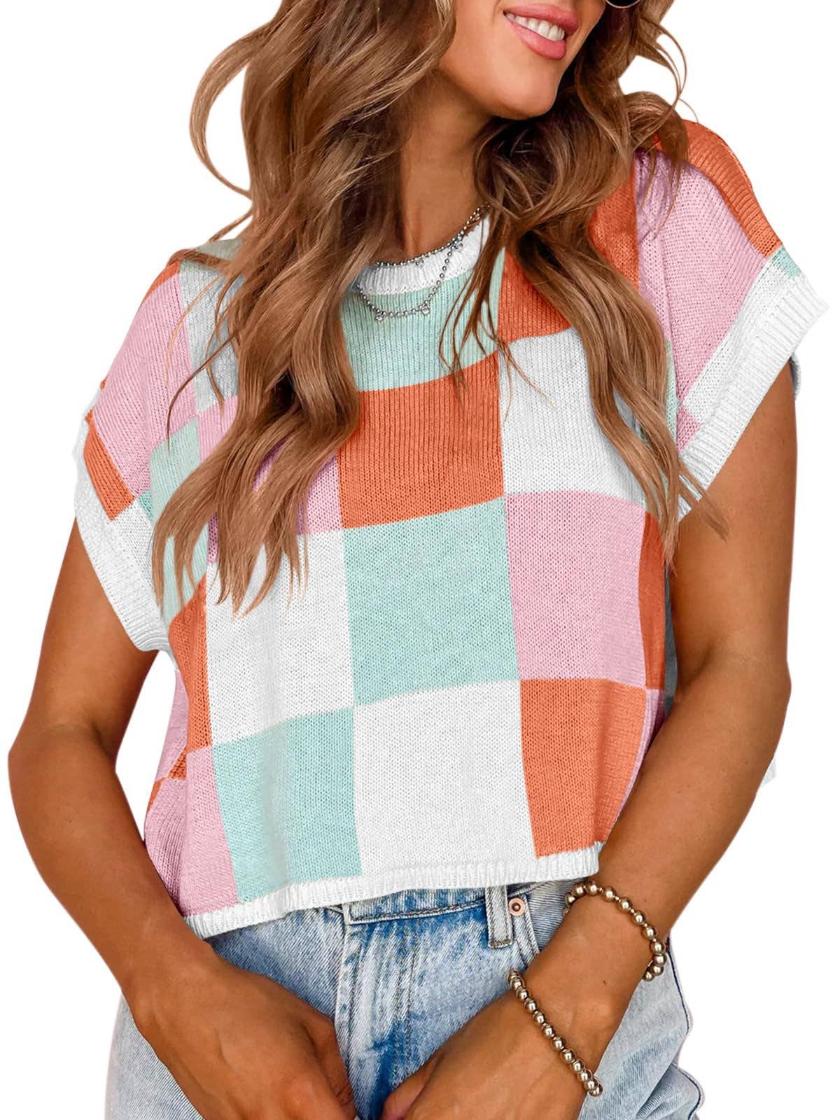 Women’s Colorblock Checkerboard Knit Crop Sweater Tee