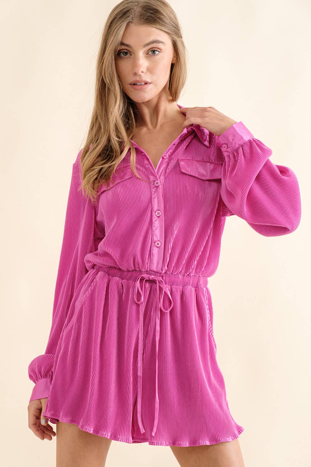 Accordion Pleated Collared Romper