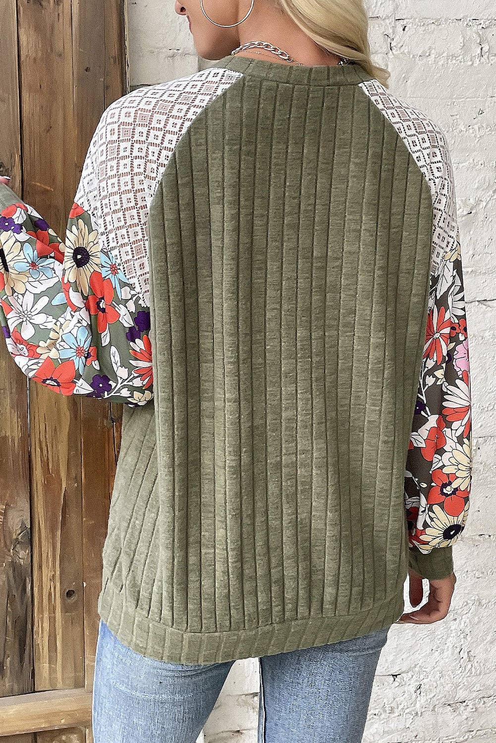 Laurel Green Floral Patchwork Ribbed Blouse