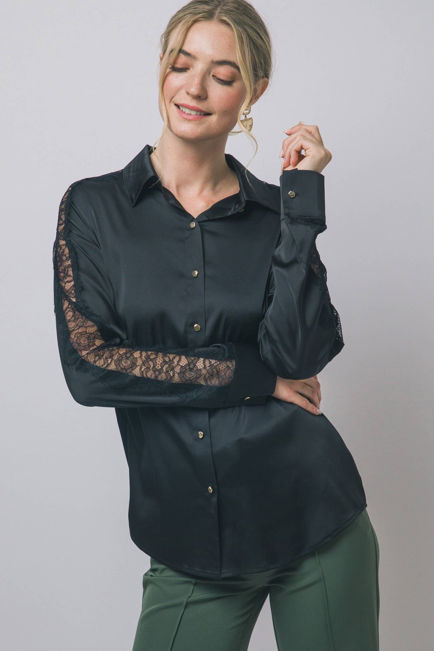 Black Satin Lace-sleeve Button Shirt