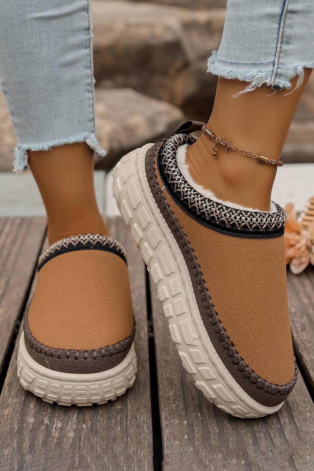 Stitch Detail Suede PU Plush Slippers | US7-10