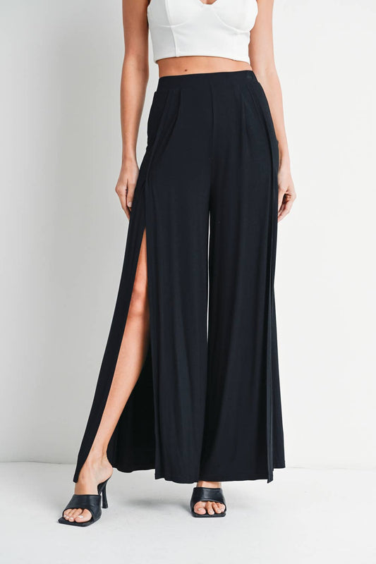 Black Wide Leg Slit Knit Pants
