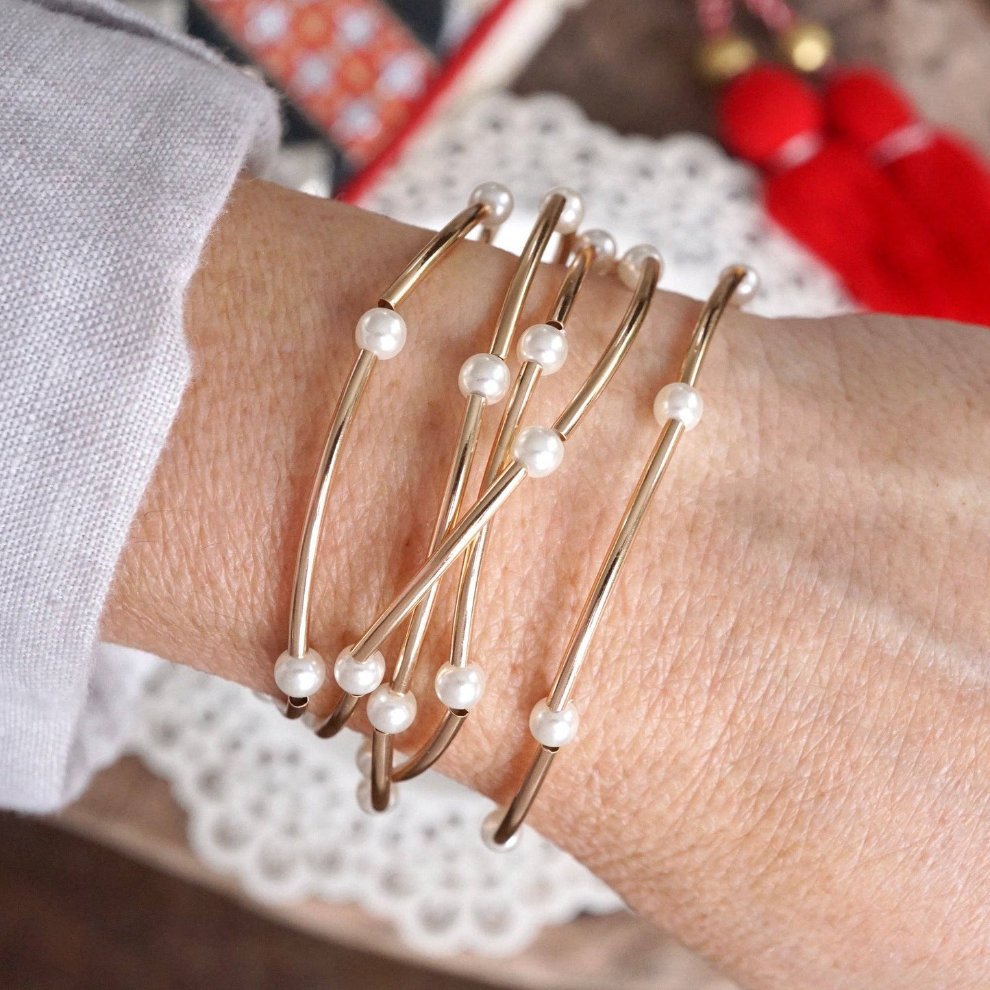 Pearls and Gold Silver Tubes classic bracelets