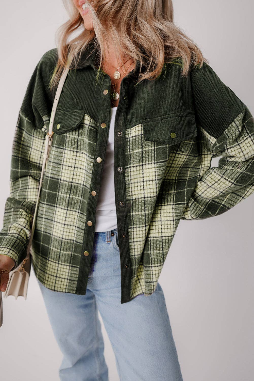 Blackish Green Snap Buttons Plaid Shacket