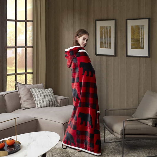 "Buffalo Bear Plaid Red" hooded throw