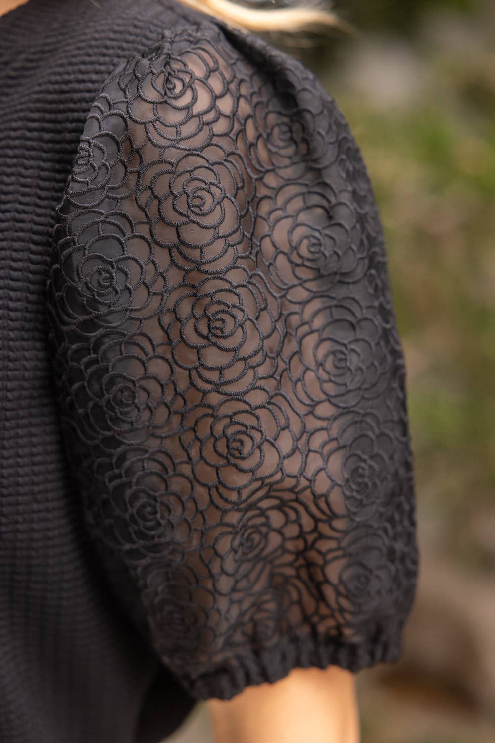 Floral Organza Puff Sleeve Waffle Knit