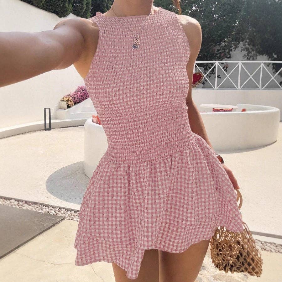 Women’s Smocked Gingham Sleeveless Ruffle Mini Dress