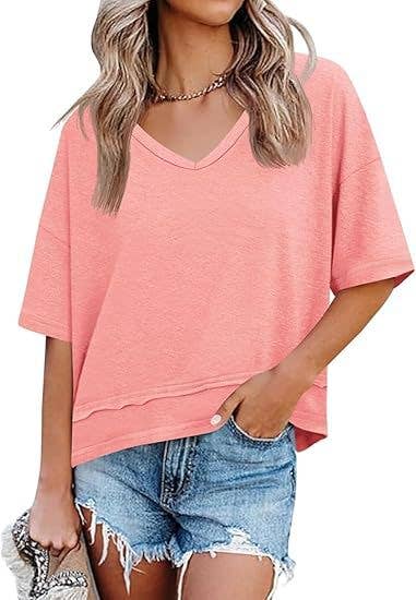 V Neck Loose Fit Tee Casual Short Sleeve Summer Top